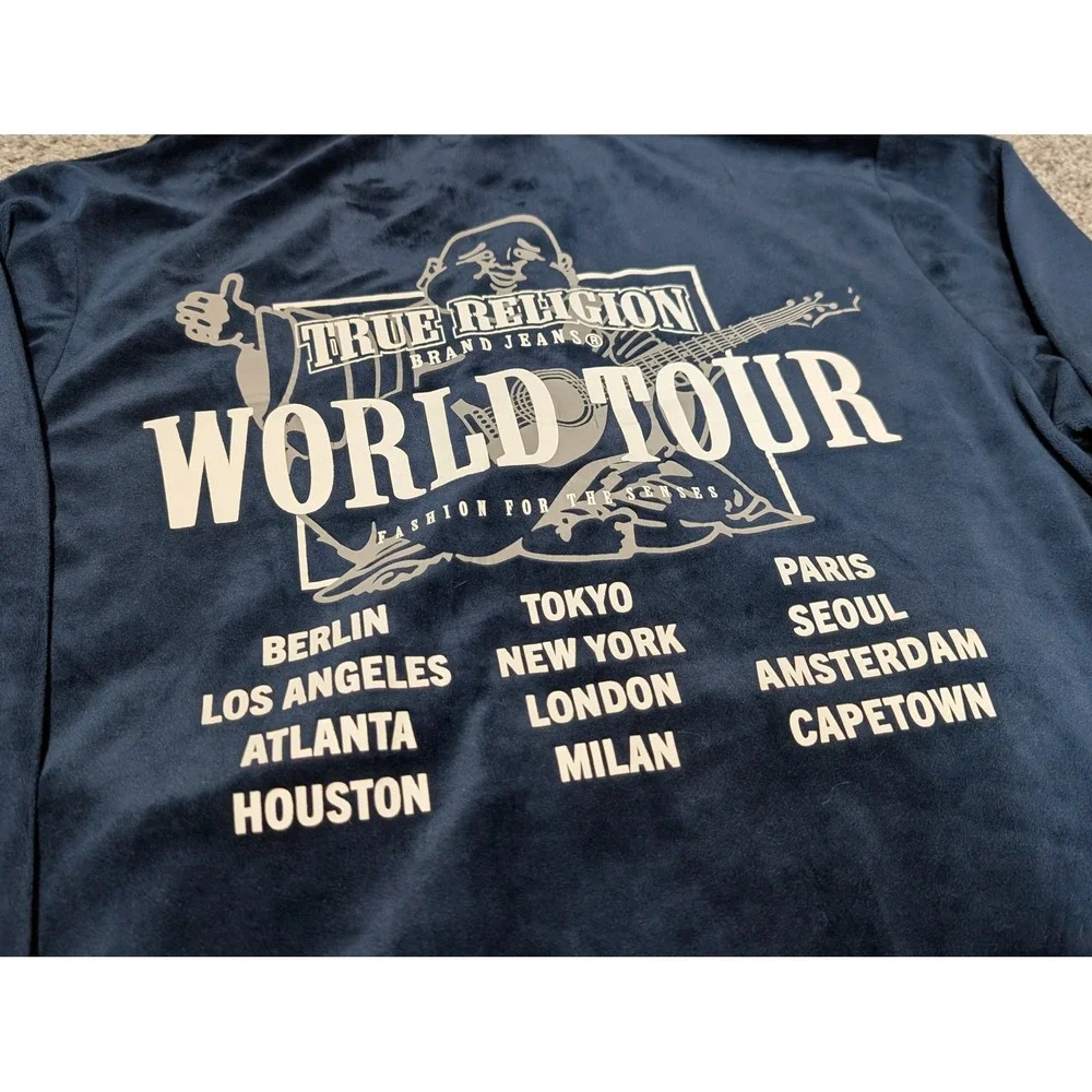True Religion Track Jacket Mens S Navy World Tour Velour Zip Up Striped Ribbed